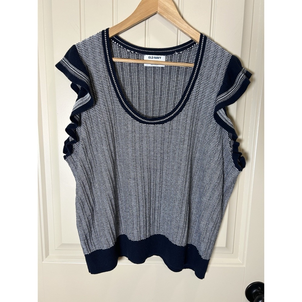 Old Navy Women Knit Flutter Sleeve Sweater XXL Navy White Top Preppy Career Chic